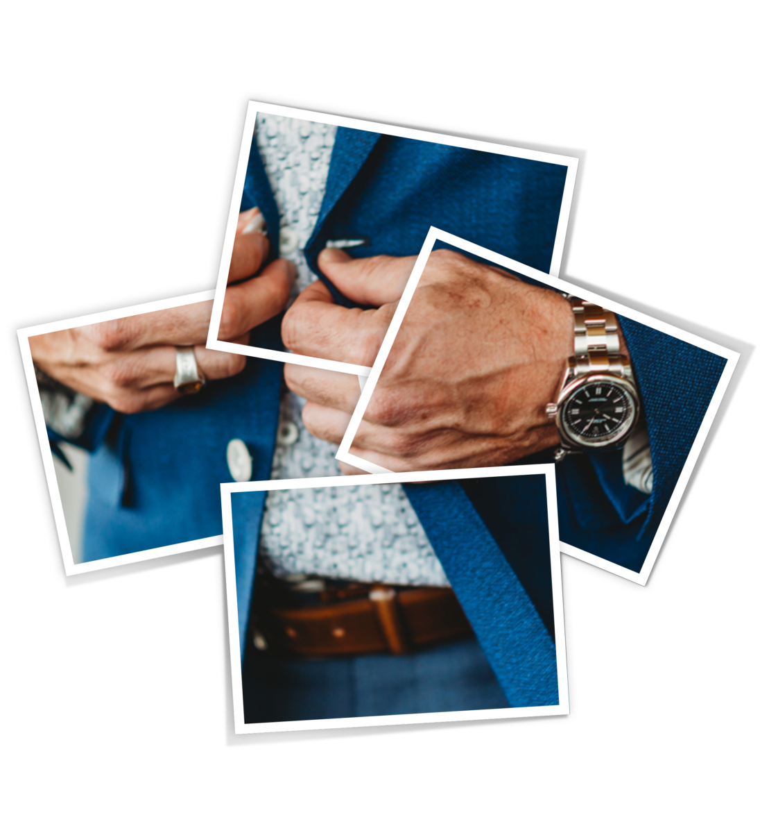 Photo collage, closeup of Jason Netherton buttoning his suit jacket